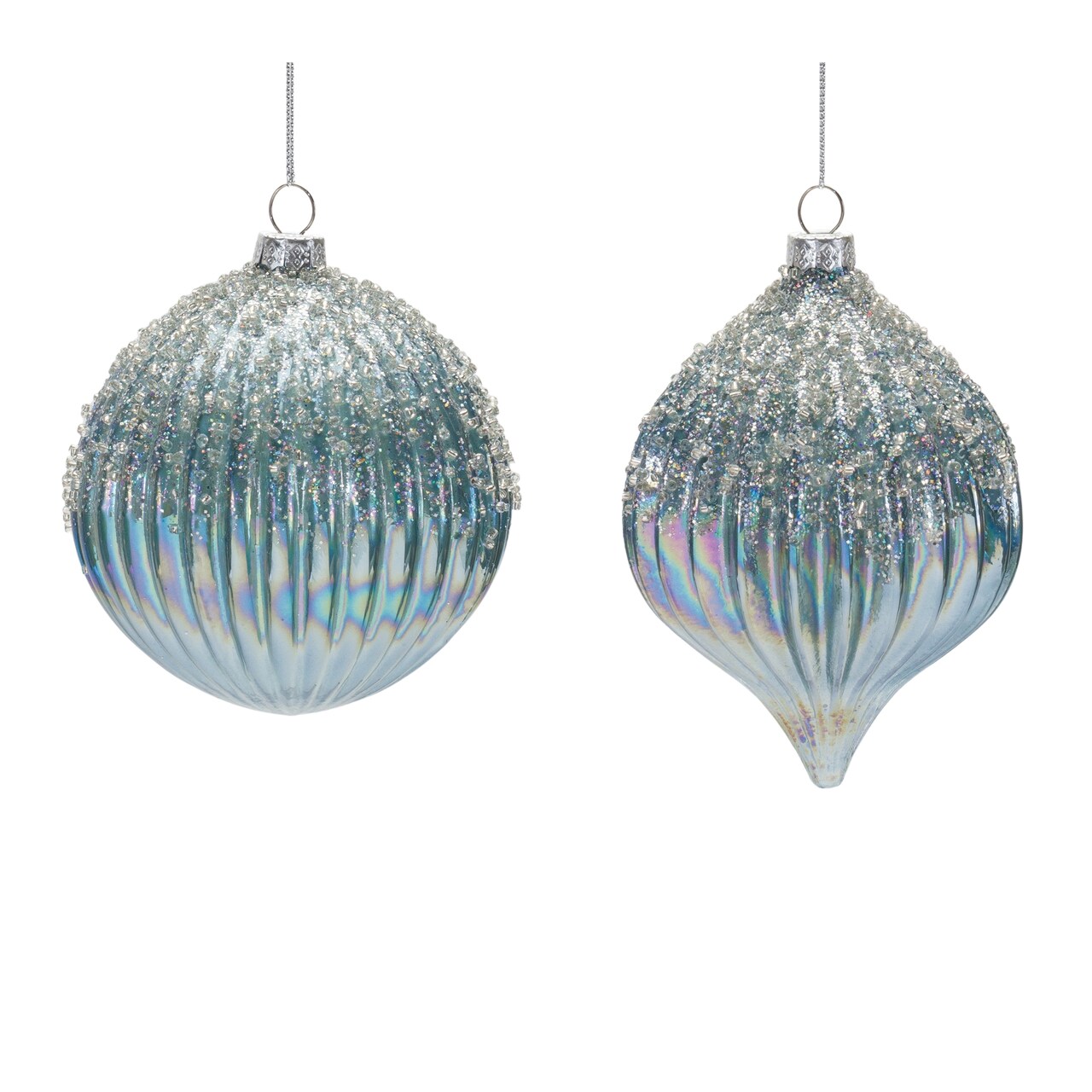 Melrose Pearl Finish Beaded Glass Christmas Ornaments - 5.5" (140mm) - Blue and Silver - 6ct